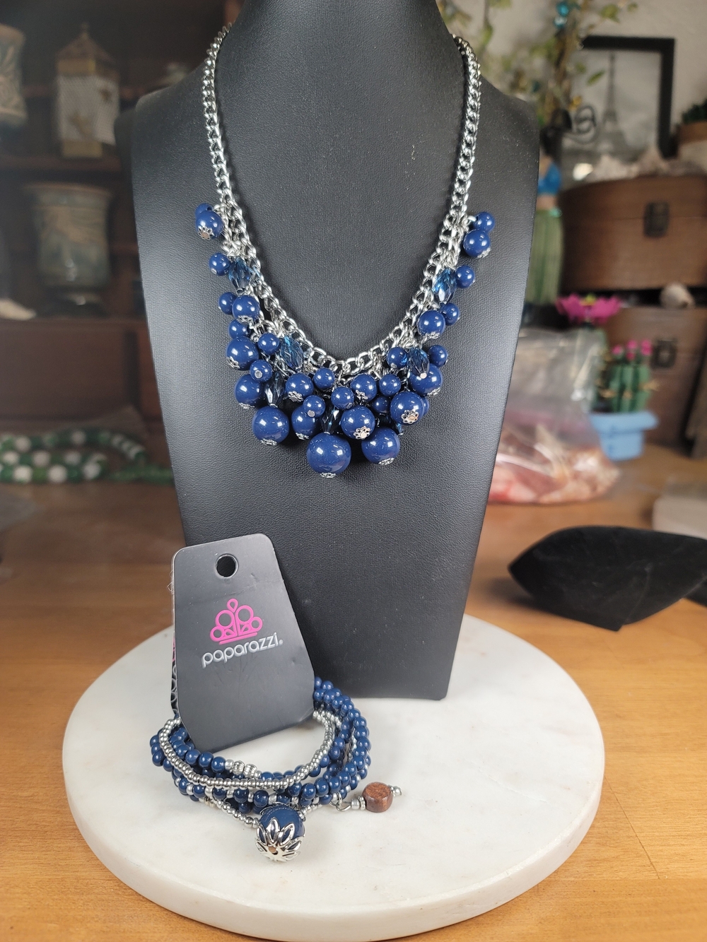 paparazzi Deep Blue Cluster Bead Statement Necklace & Matching Bracelet